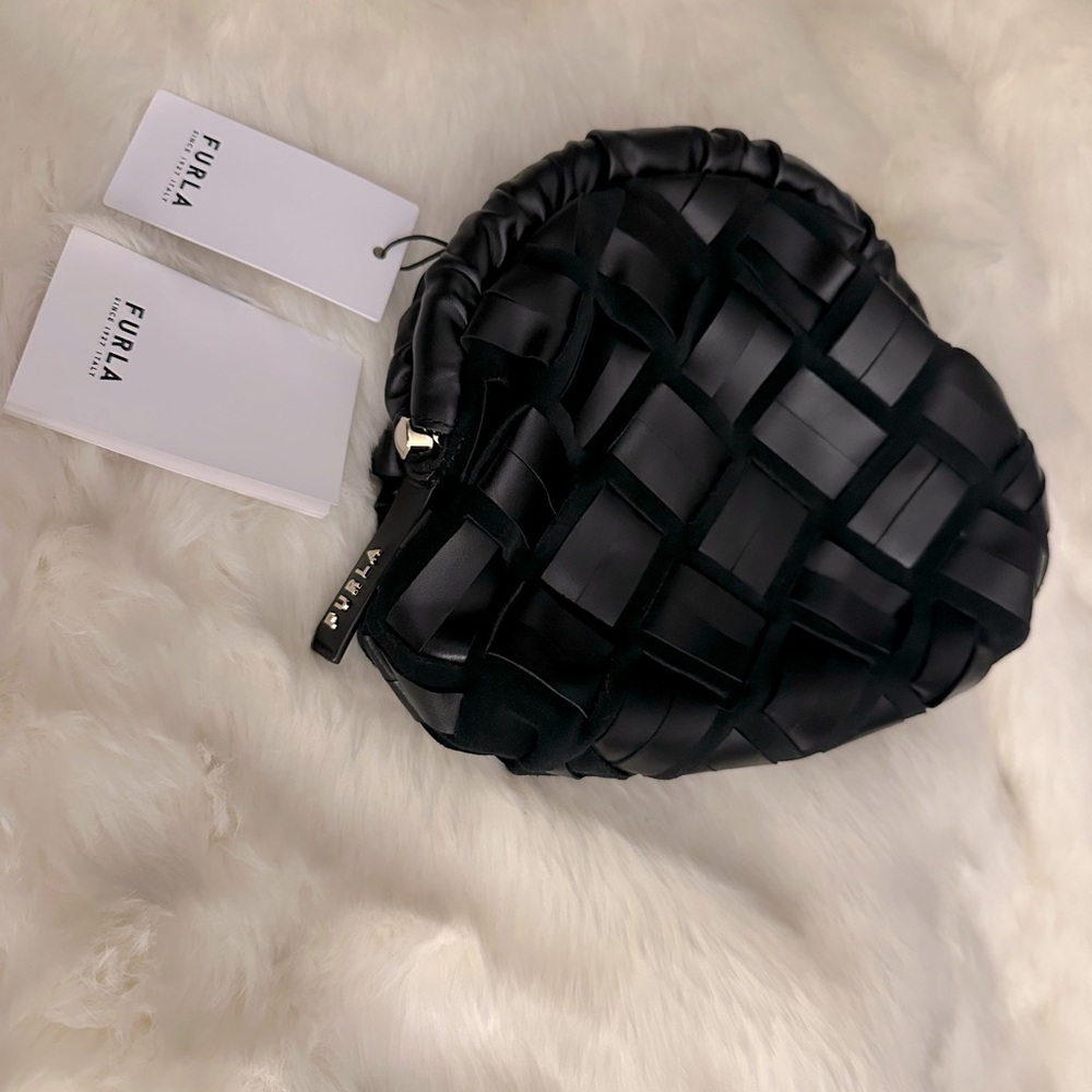 NWT Furla Black Woven Leather and Suede
Essentials Clutch Bag